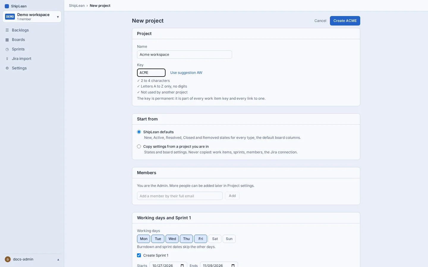 New project form with fields for project name and key.