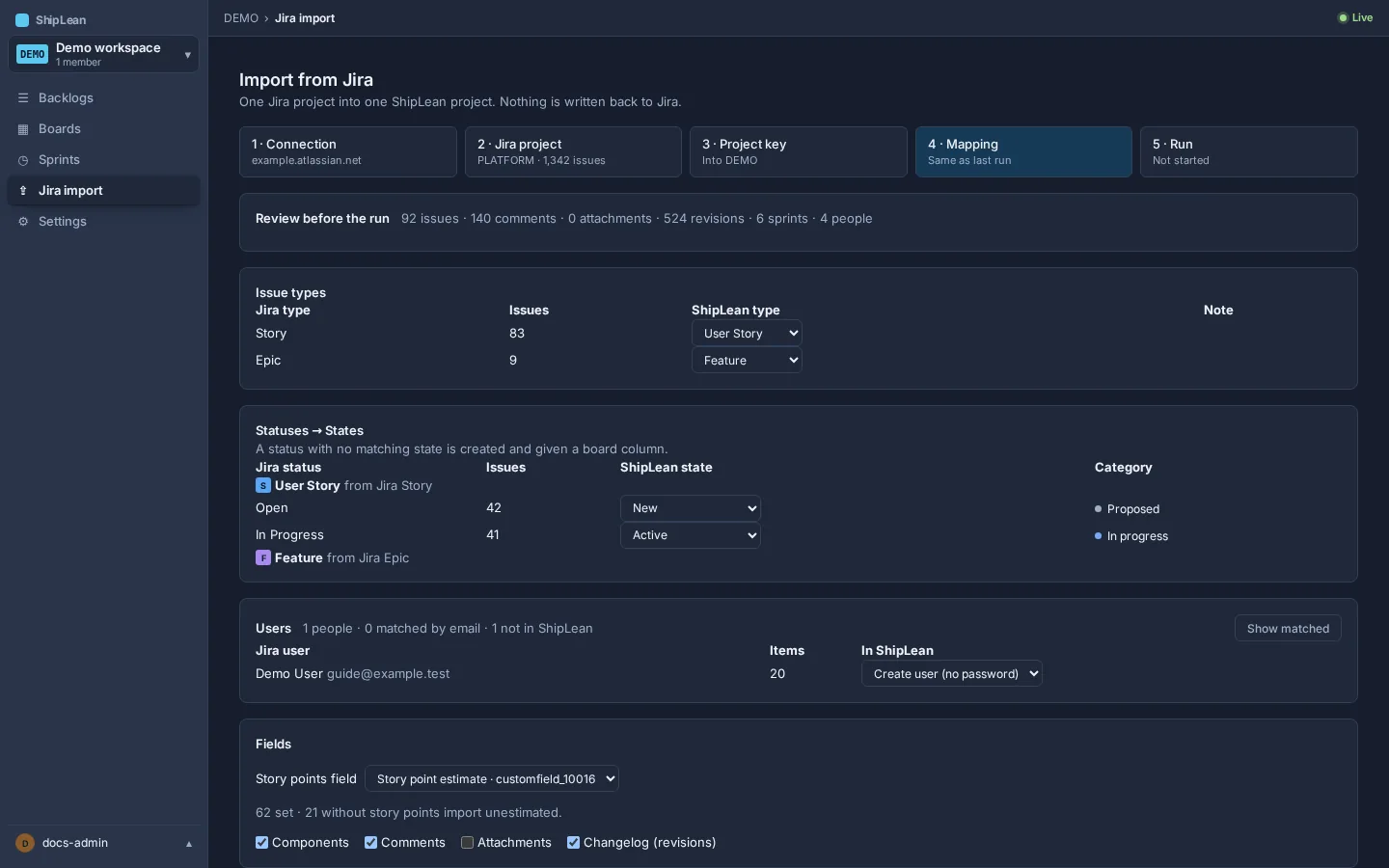 Mapping step showing issue types, statuses, users and optional Jira fields.