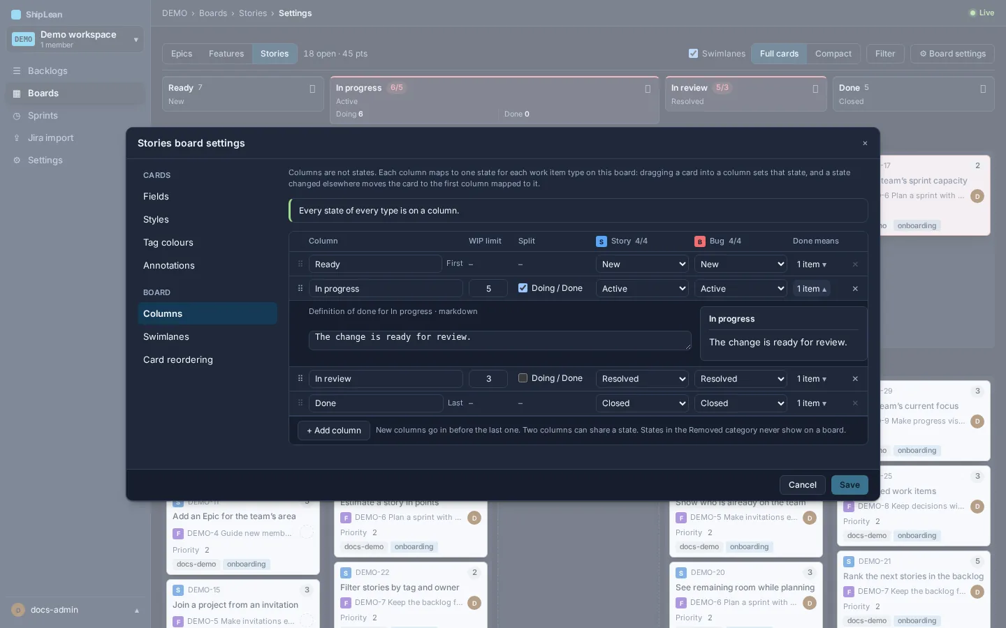 Column settings with a written definition of done.