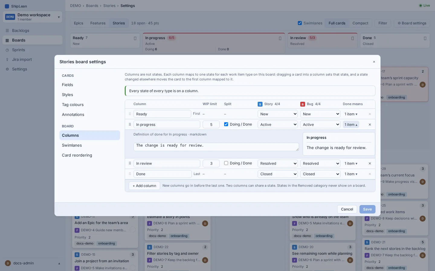 Column settings with a written definition of done.