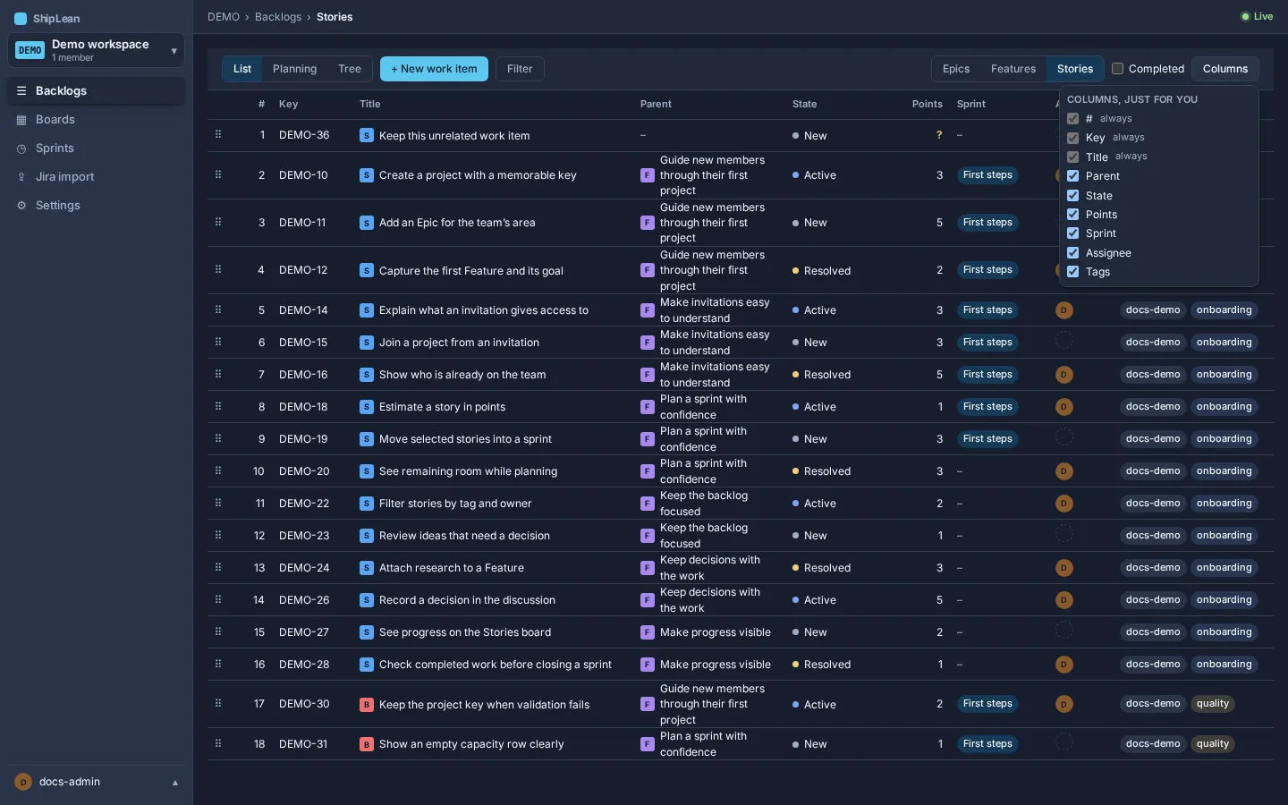 Columns menu with optional Story backlog columns.