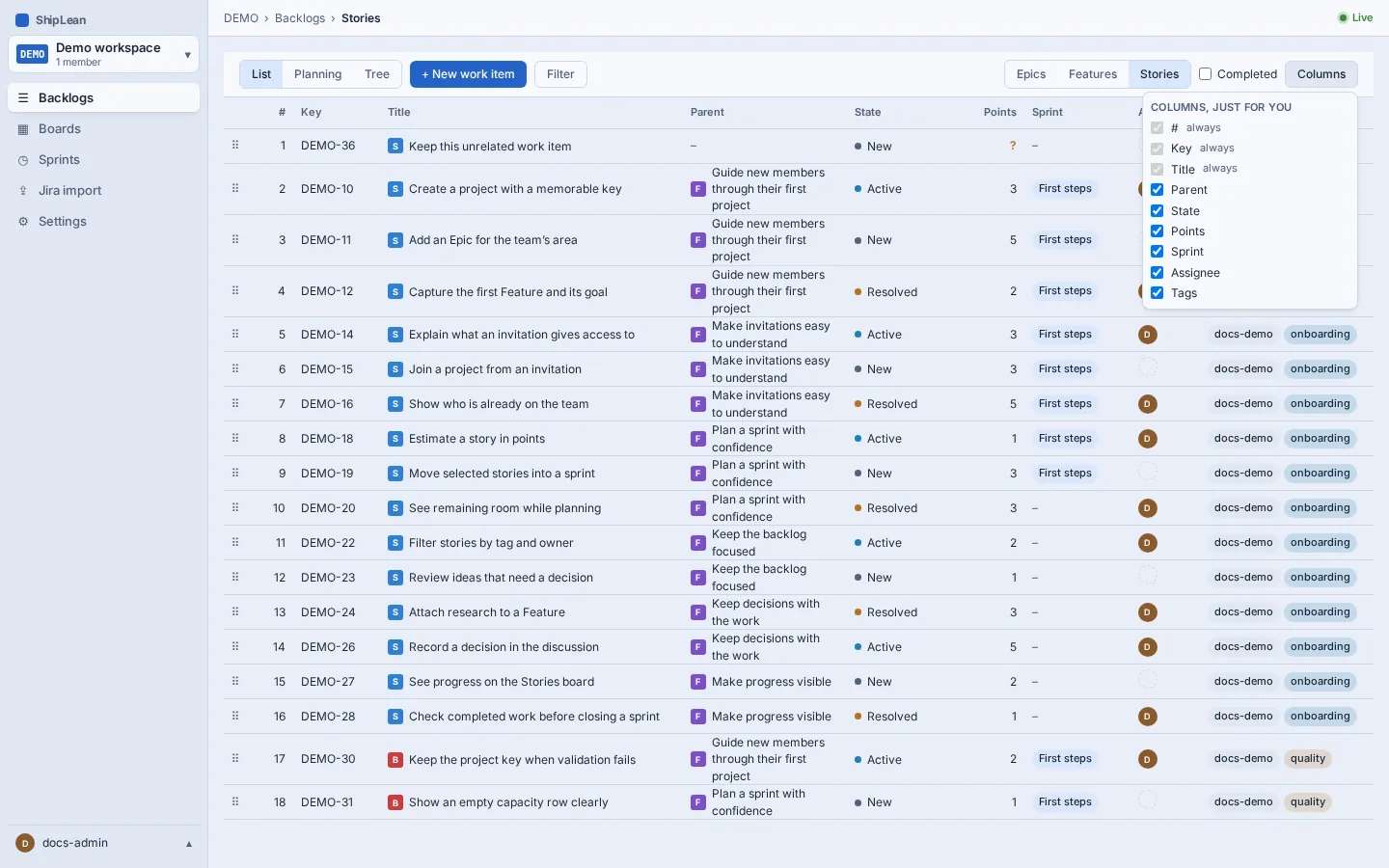 Columns menu with optional Story backlog columns.