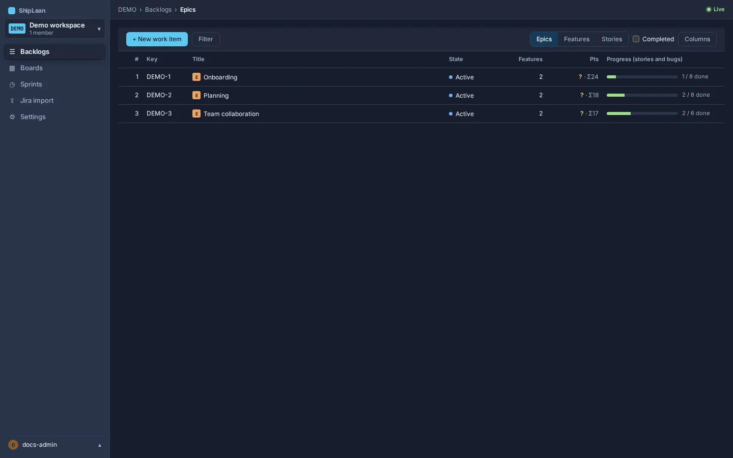 Epics backlog with Feature counts, rolled-up points, and progress.