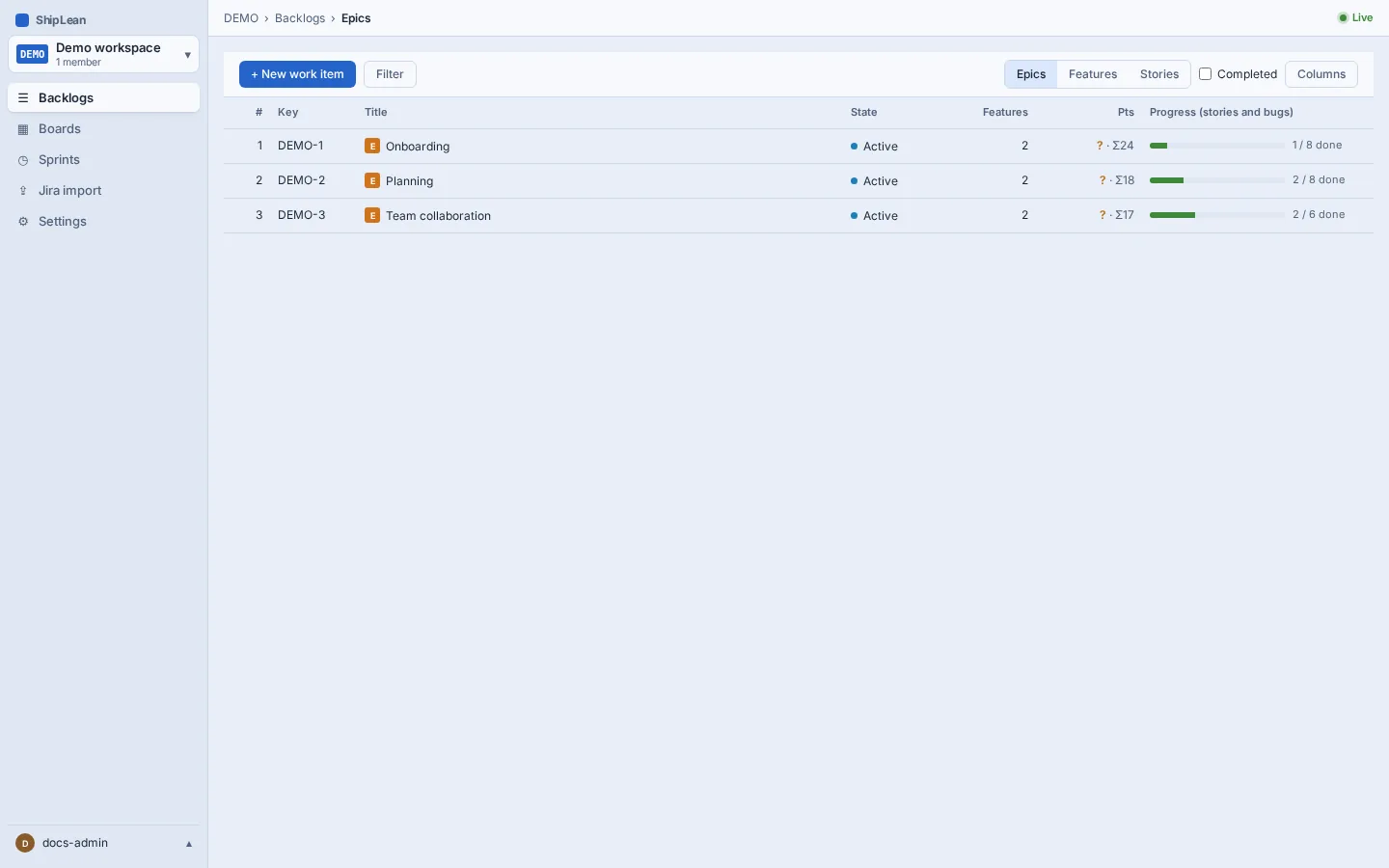 Epics backlog with Feature counts, rolled-up points, and progress.