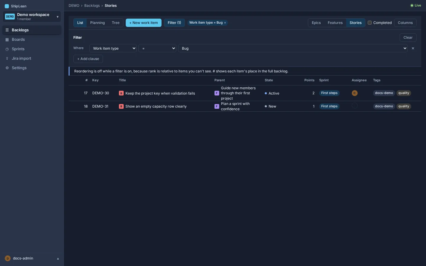 Filter panel with a criteria clause and a Clear control.