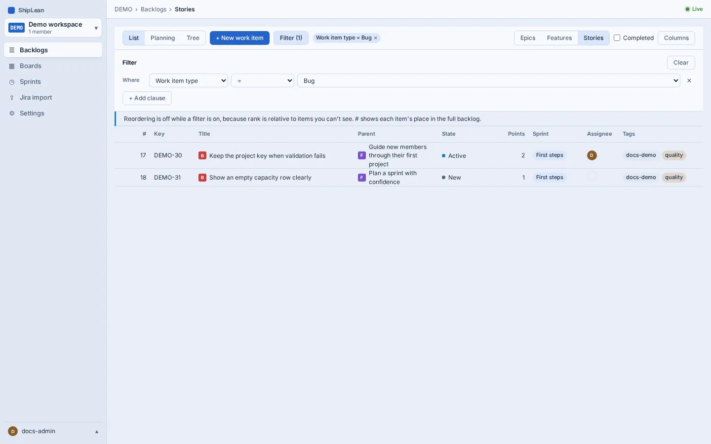 Filter panel with a criteria clause and a Clear control.