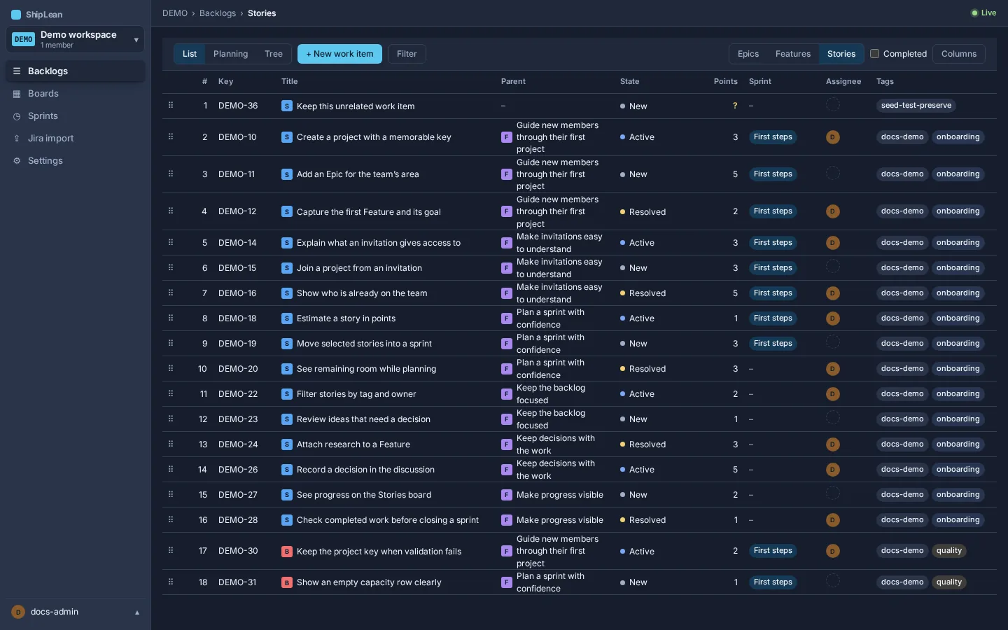 Stories backlog with its mode and level switches, filter, columns, and ranked work items.