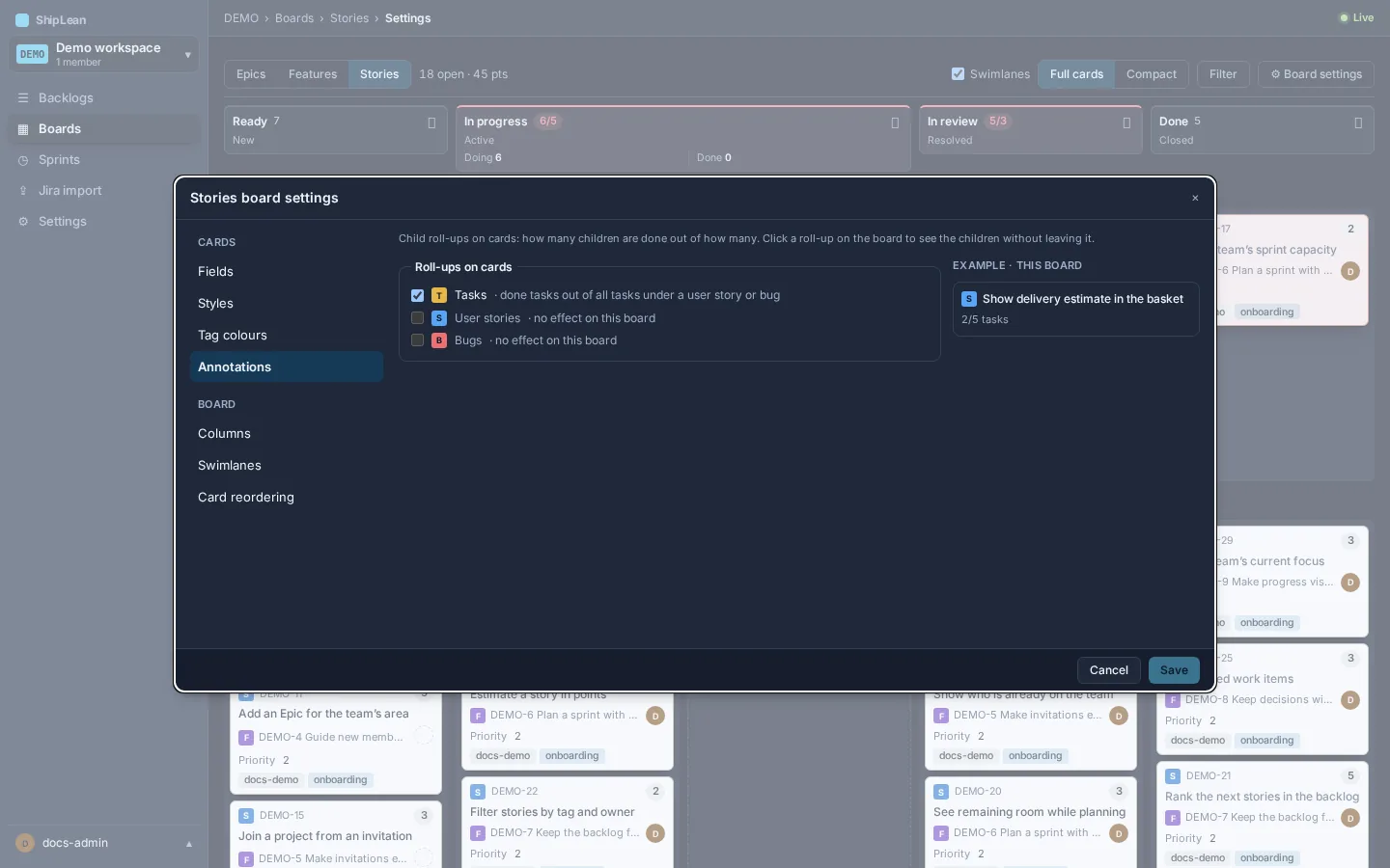 Board settings showing child-work roll-up options and a card preview.
