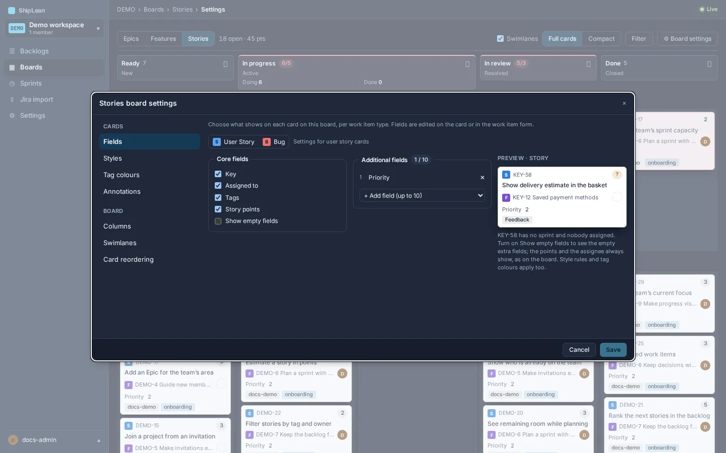 Board settings showing card fields and a preview card.