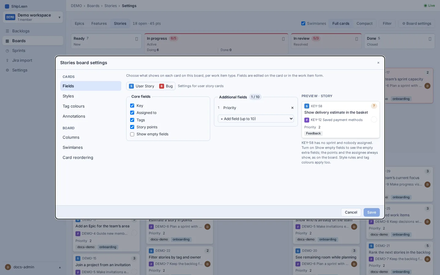 Board settings showing card fields and a preview card.