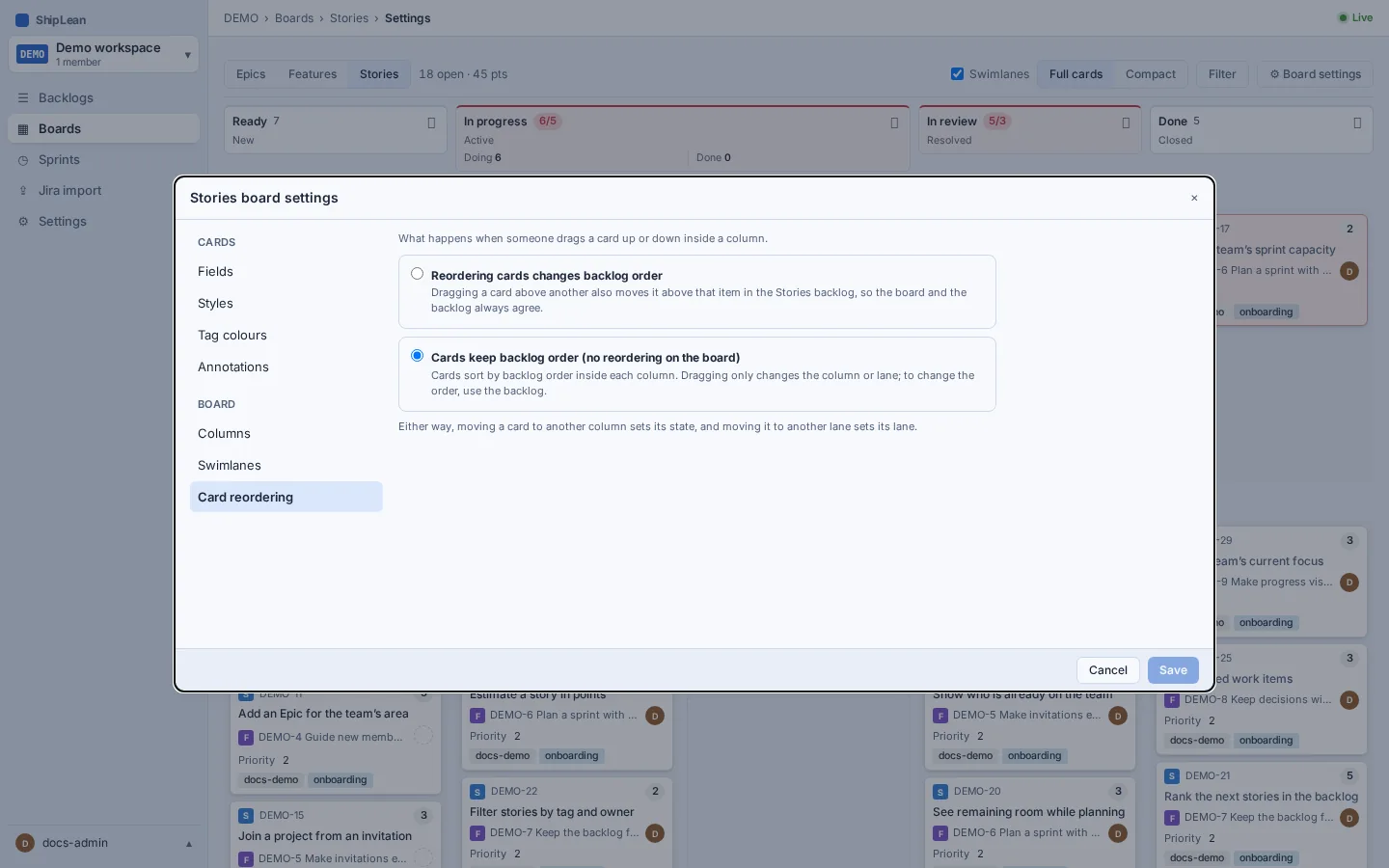 Board settings showing the two card reordering options.