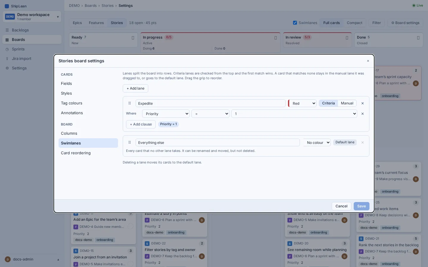 Board settings showing named, coloured swimlanes and lane criteria.