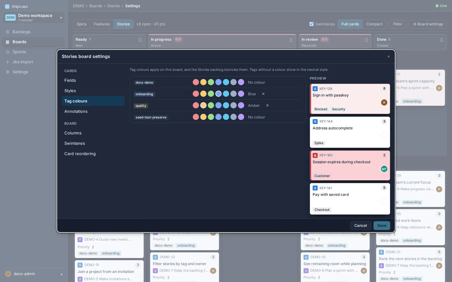 Board settings showing a colour swatch for each project tag.