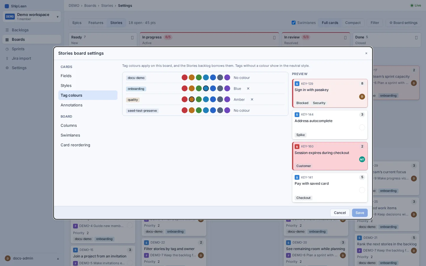 Board settings showing a colour swatch for each project tag.