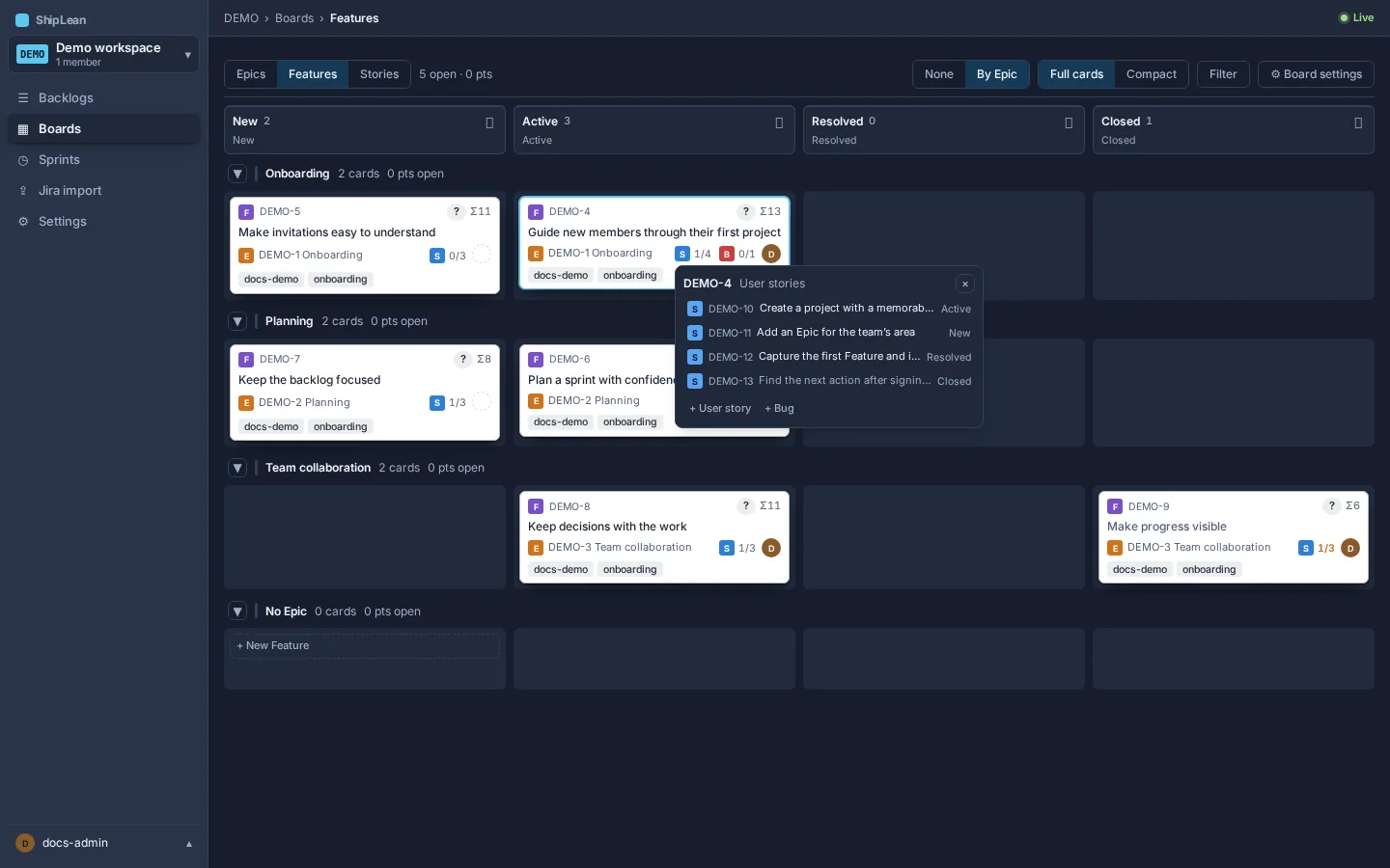 A Feature card with its Stories roll-up expanded.