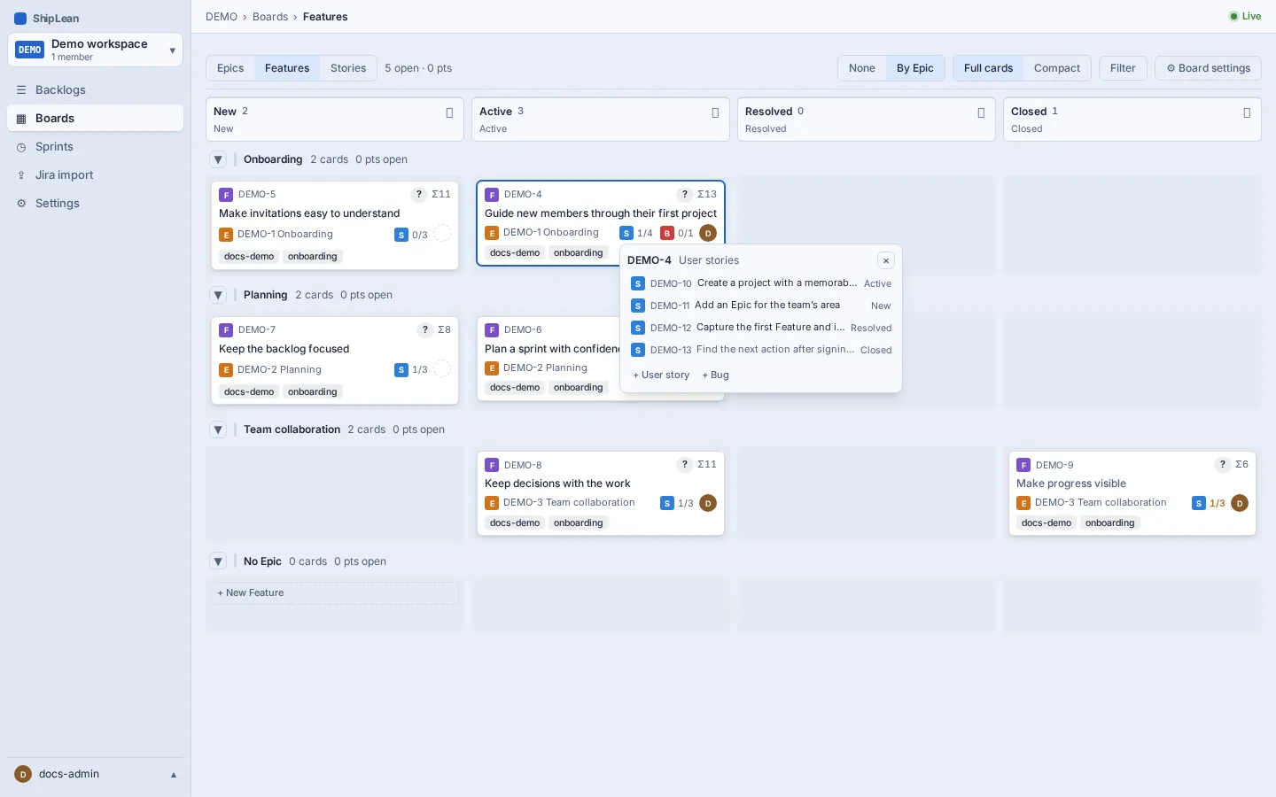 A Feature card with its Stories roll-up expanded.