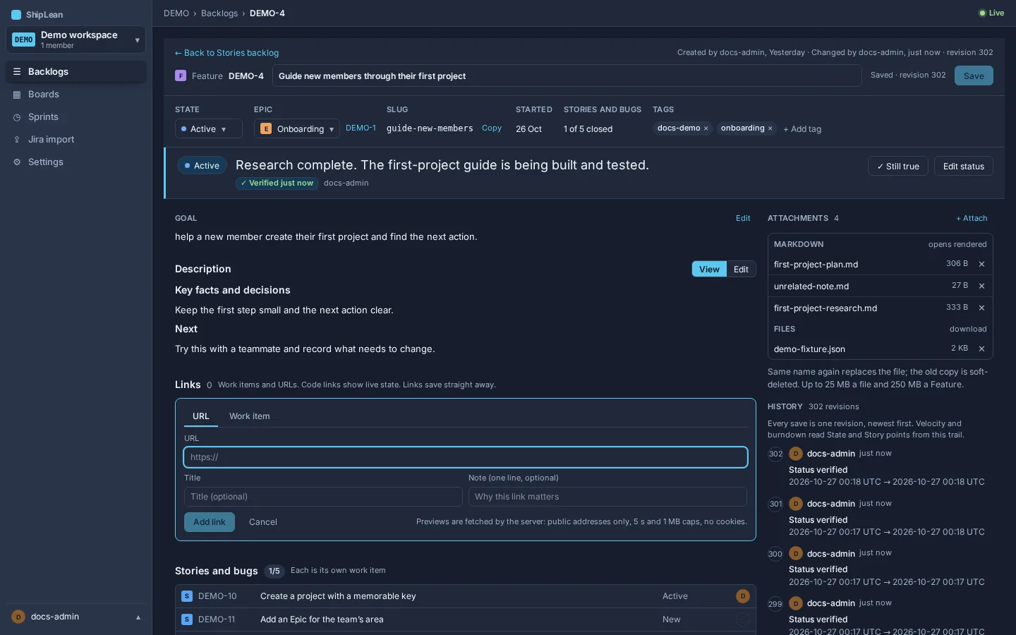 Feature link form for adding a URL or another work item.