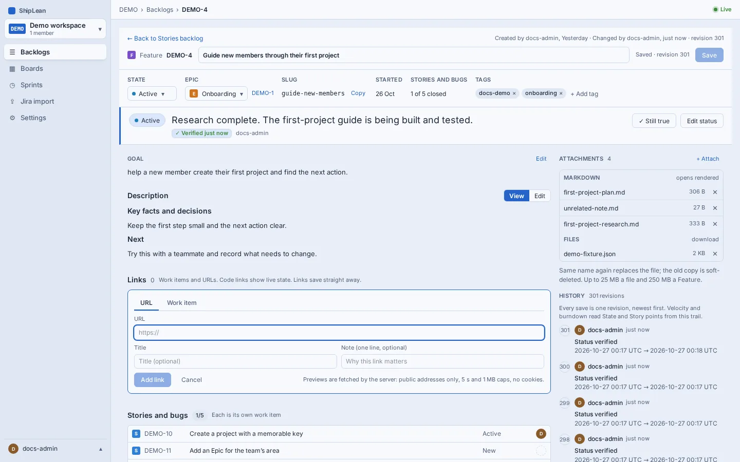Feature link form for adding a URL or another work item.