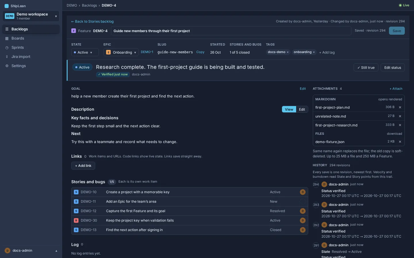 Feature editor with its goal, status and verification, Epic, progress, links, attachments, and history.