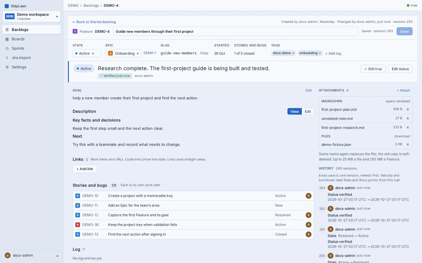 Feature editor with its goal, status and verification, Epic, progress, links, attachments, and history.