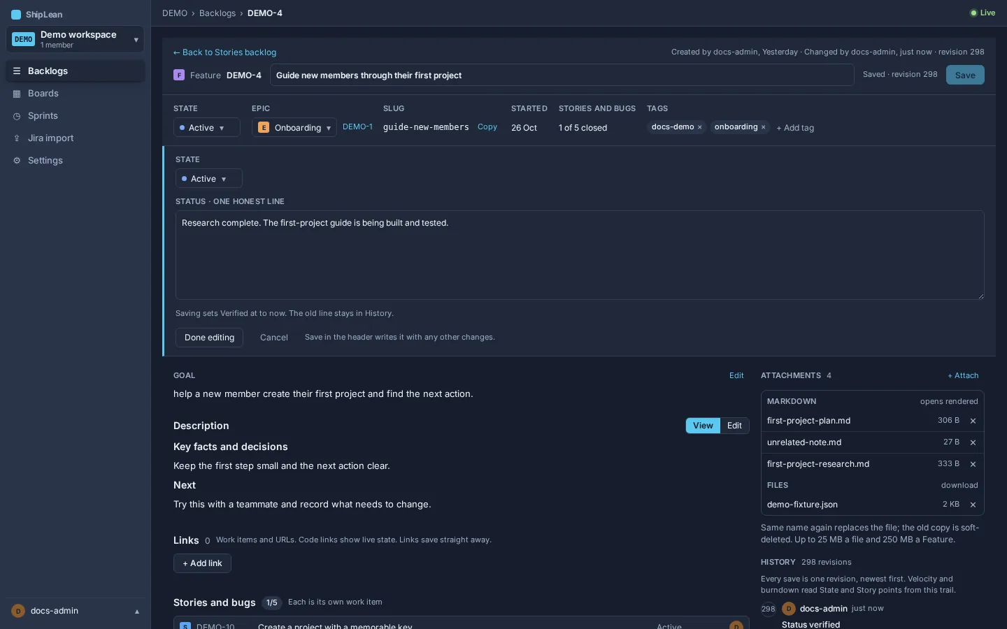 Feature status editor with state and status line fields.
