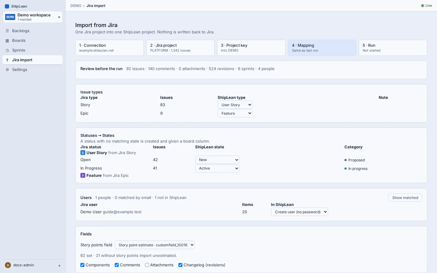 Import mapping for issue types, statuses, users, and optional Jira fields.