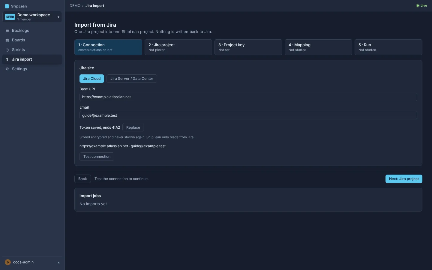 Jira import stepper showing the connection step and the five stages of an import.