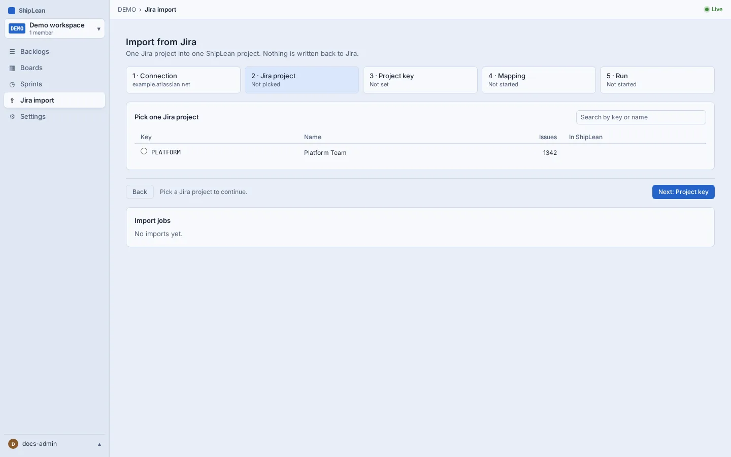 Jira project step with project key, name, issue count, and search.