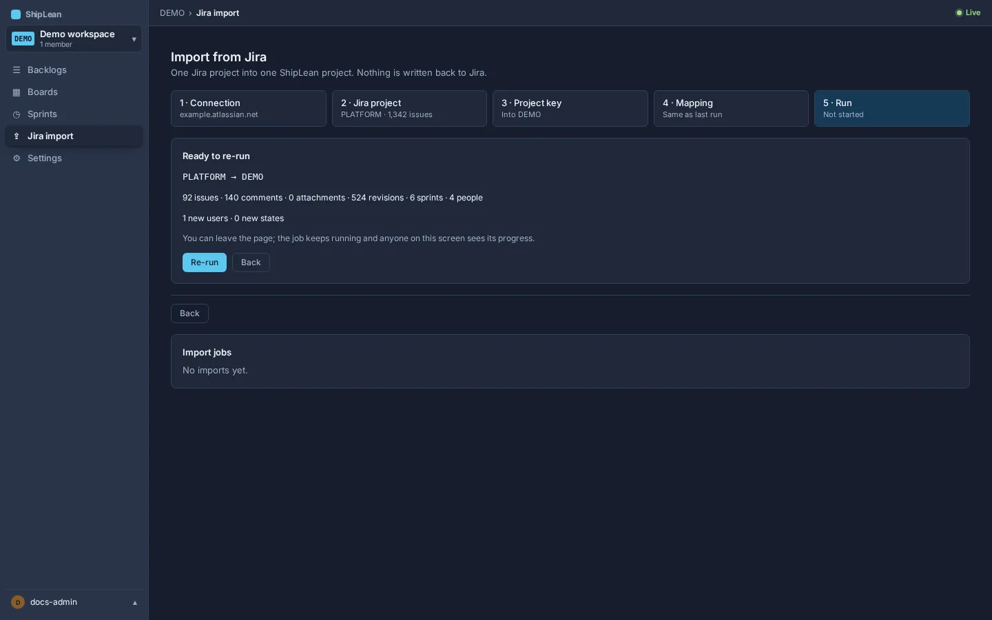 Import run summary with totals, job progress, and error log.