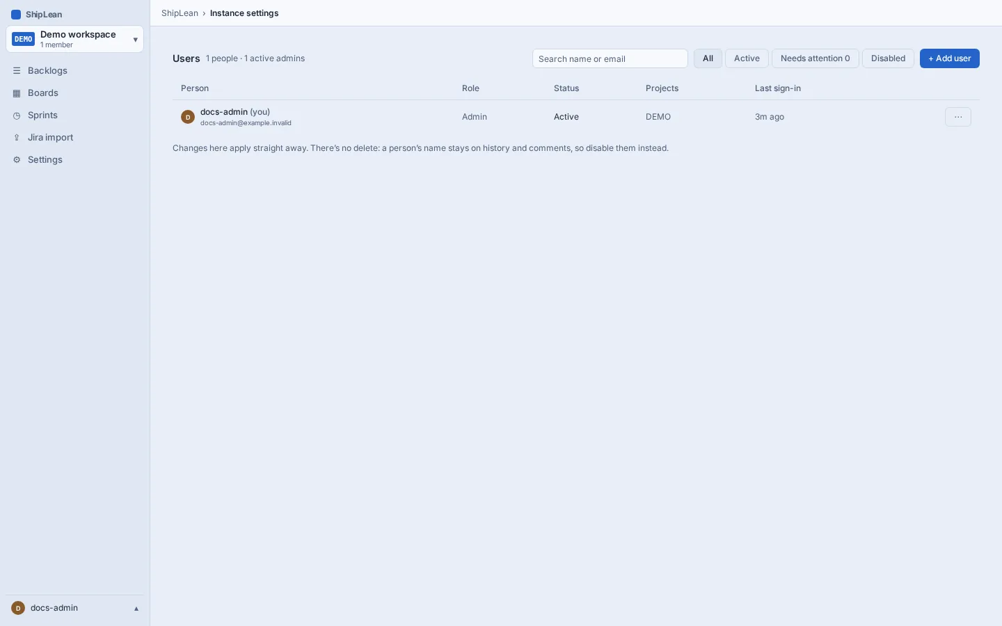 Instance users list with account status and administrator actions.