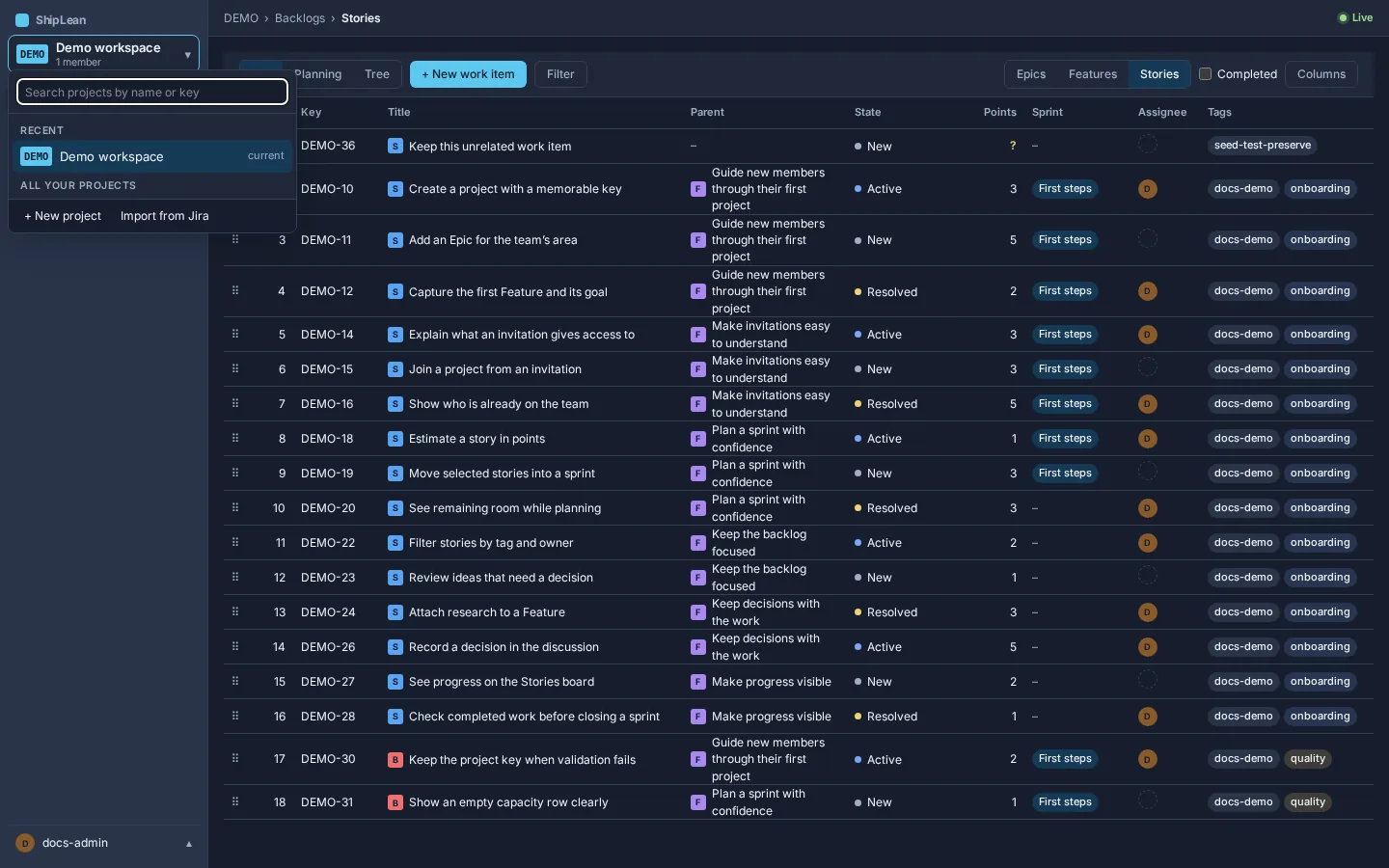 The project picker with search and project choices.