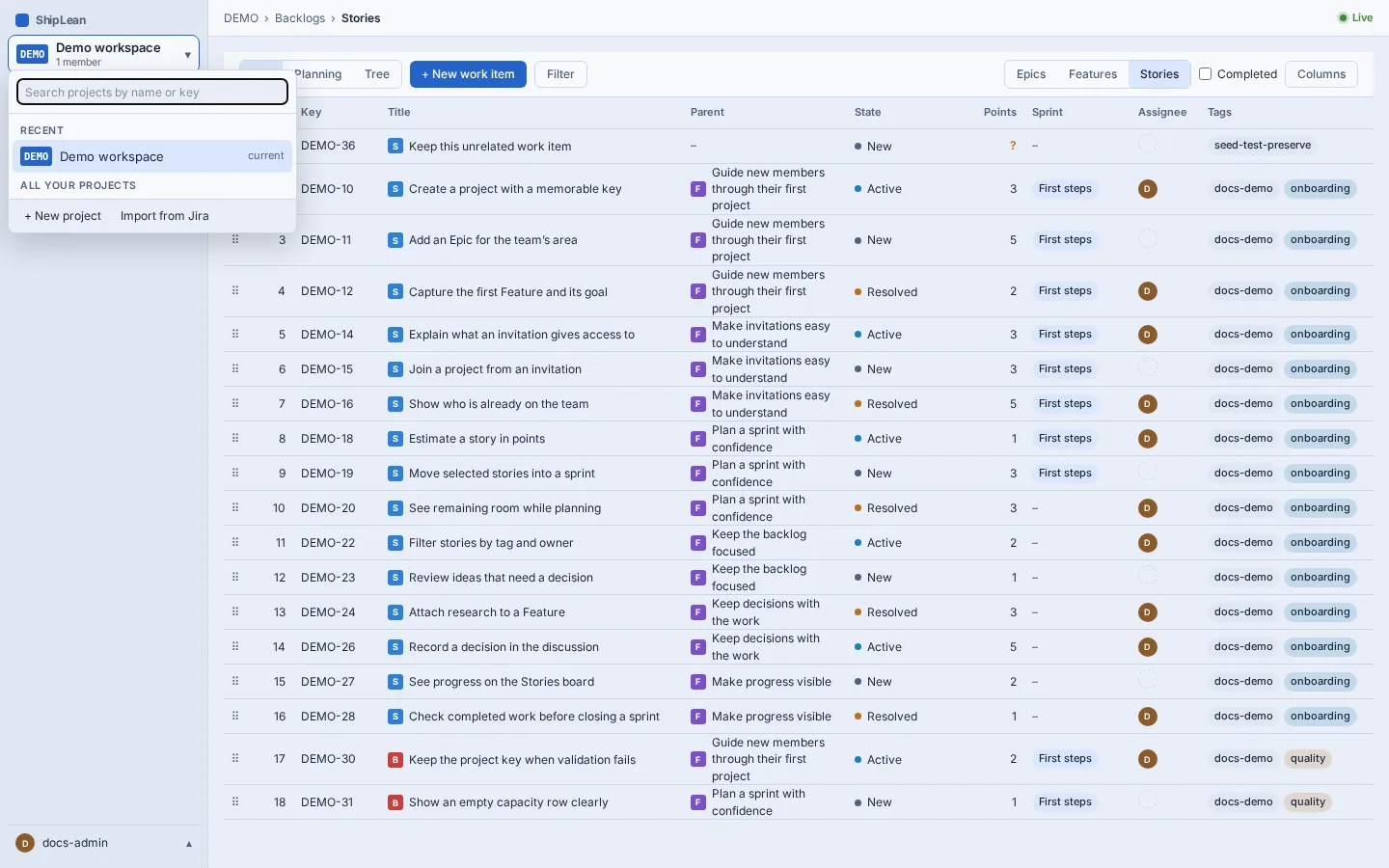 The project picker with search and project choices.