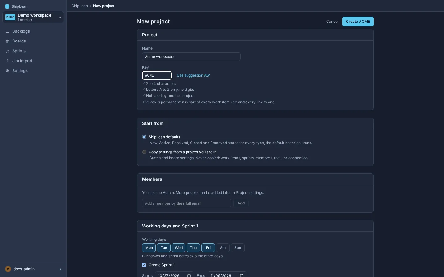 A proposed project key with its availability checks and alternatives.