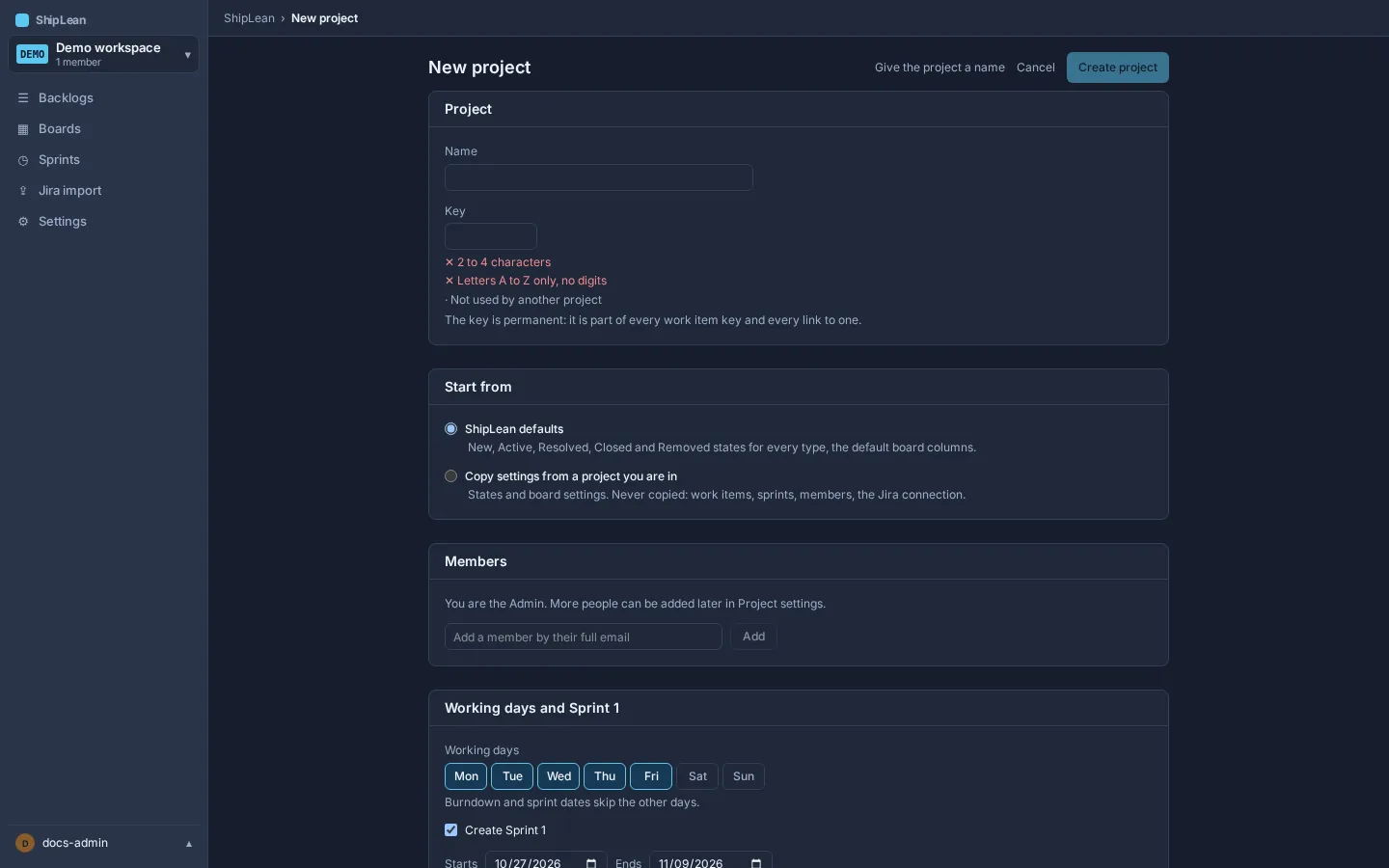 New project form showing the project name, permanent key, and setup options.