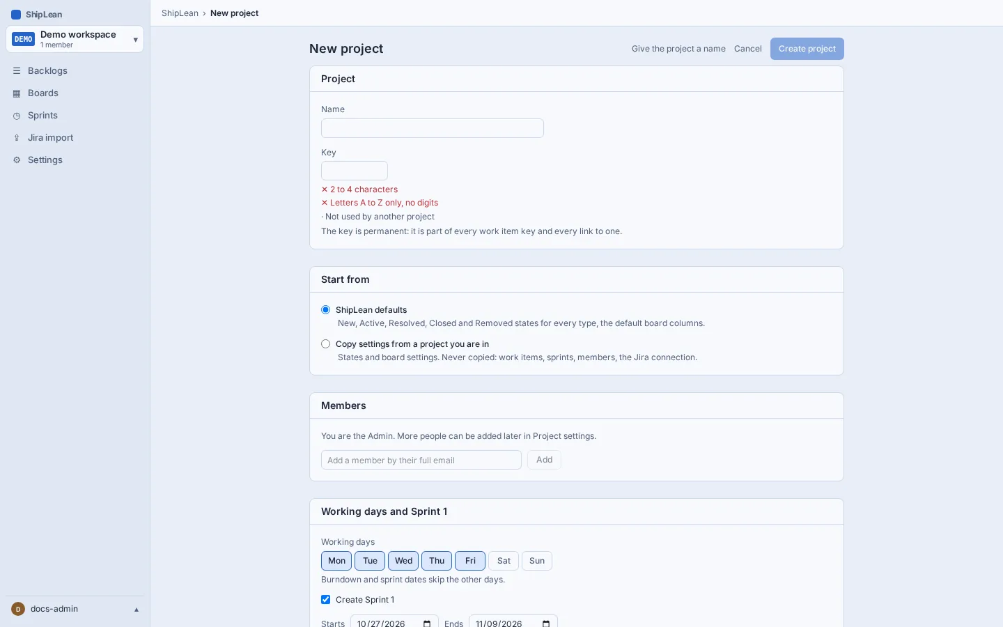 New project form showing the project name, permanent key, and setup options.