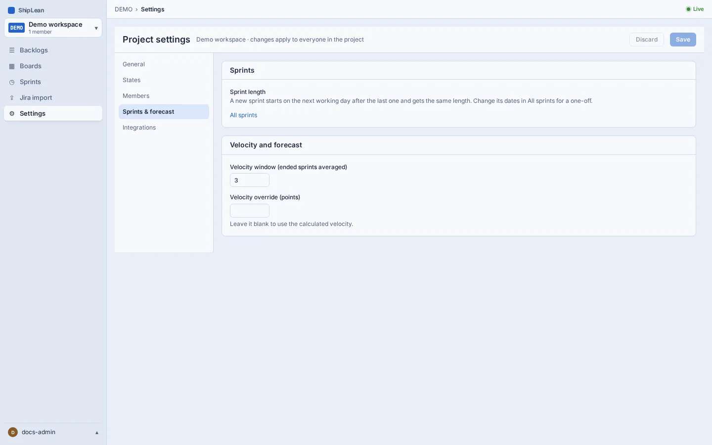 Project sprint settings with the velocity window and optional velocity override.