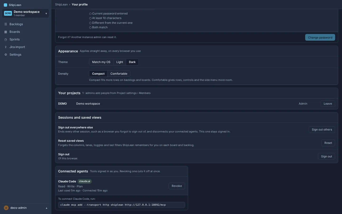 Your profile listing connected agents with their names, activity, and revoke controls.