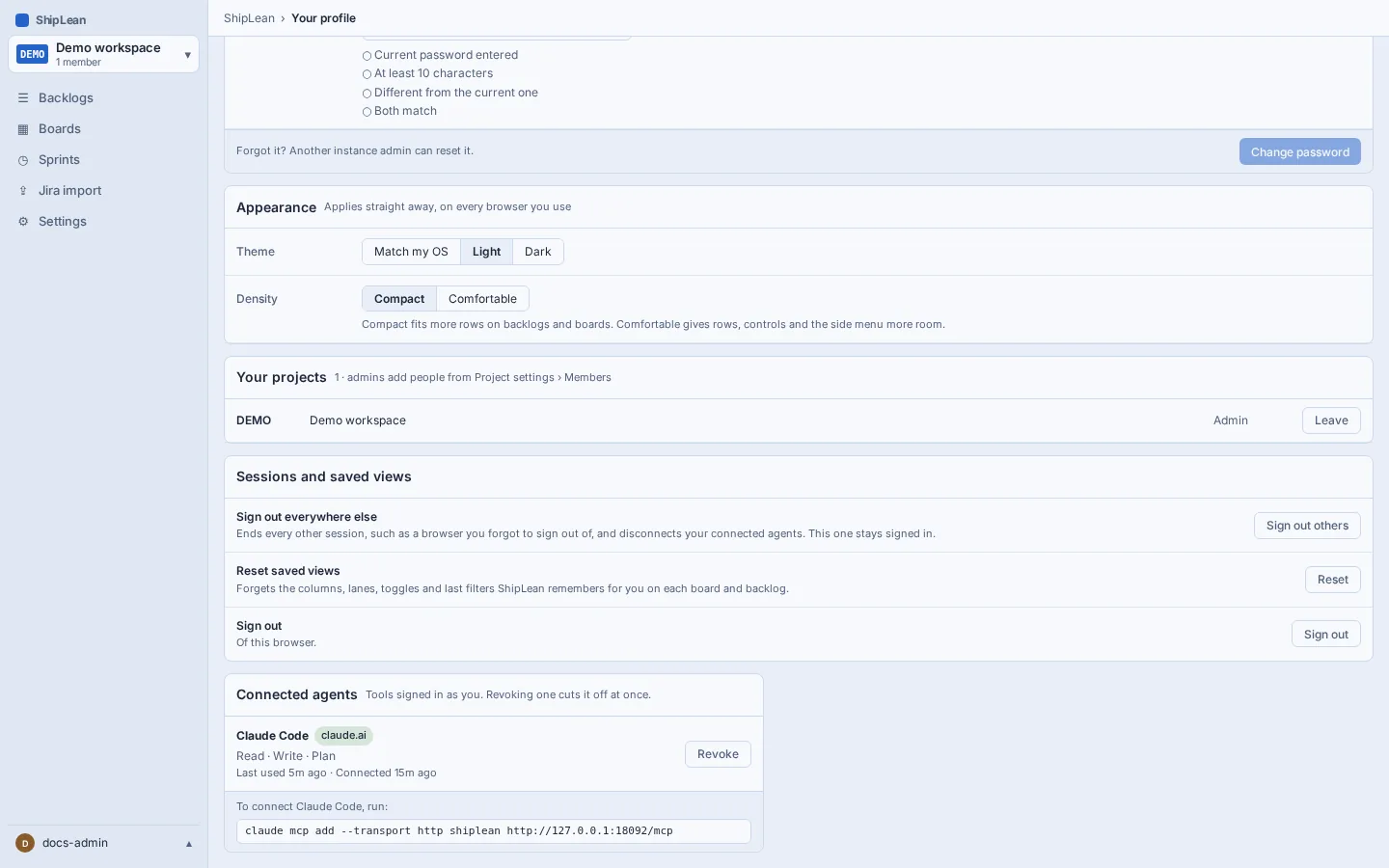 Your profile listing connected agents with their names, activity, and revoke controls.
