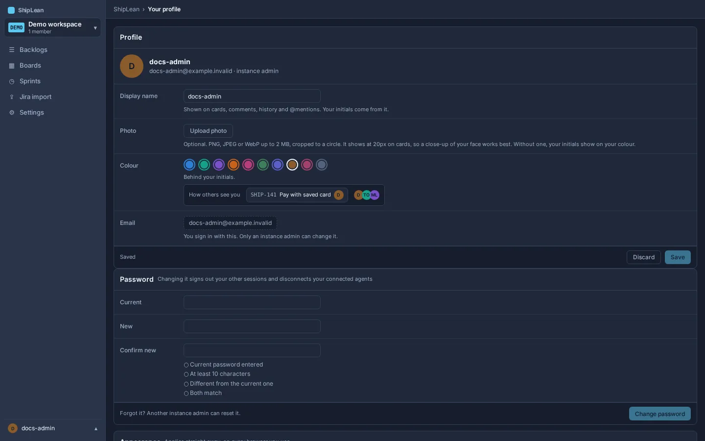 Your profile with identity, account, project, and connected-agent sections.