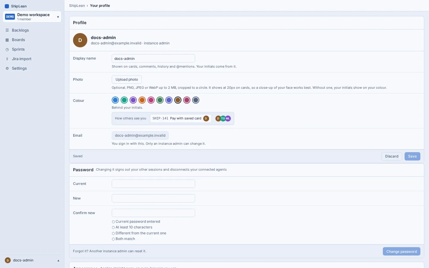 Your profile with identity, account, project, and connected-agent sections.