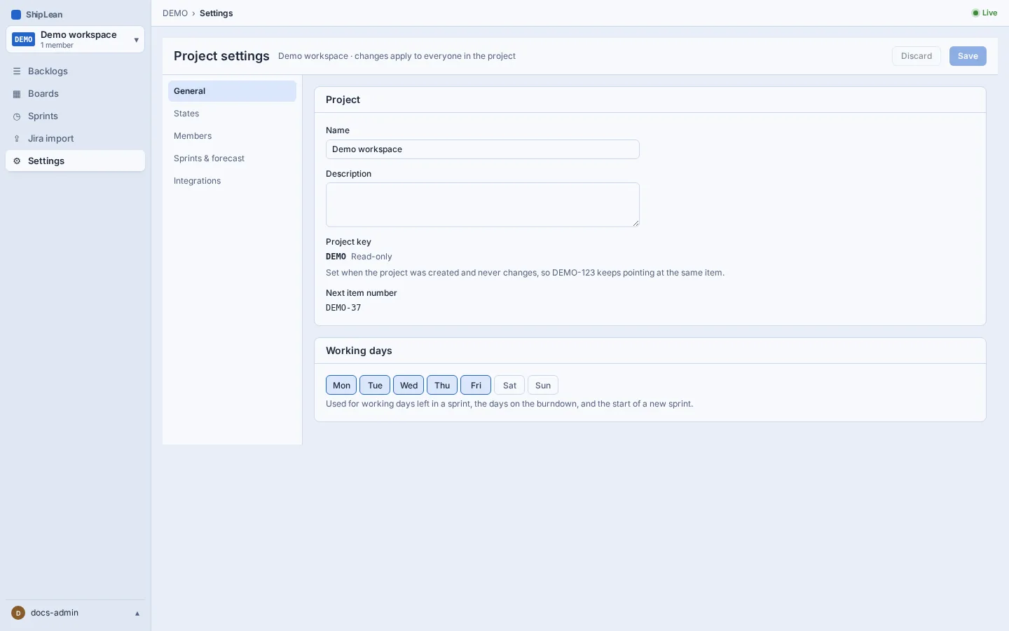 Project settings General tab showing project details and working days.
