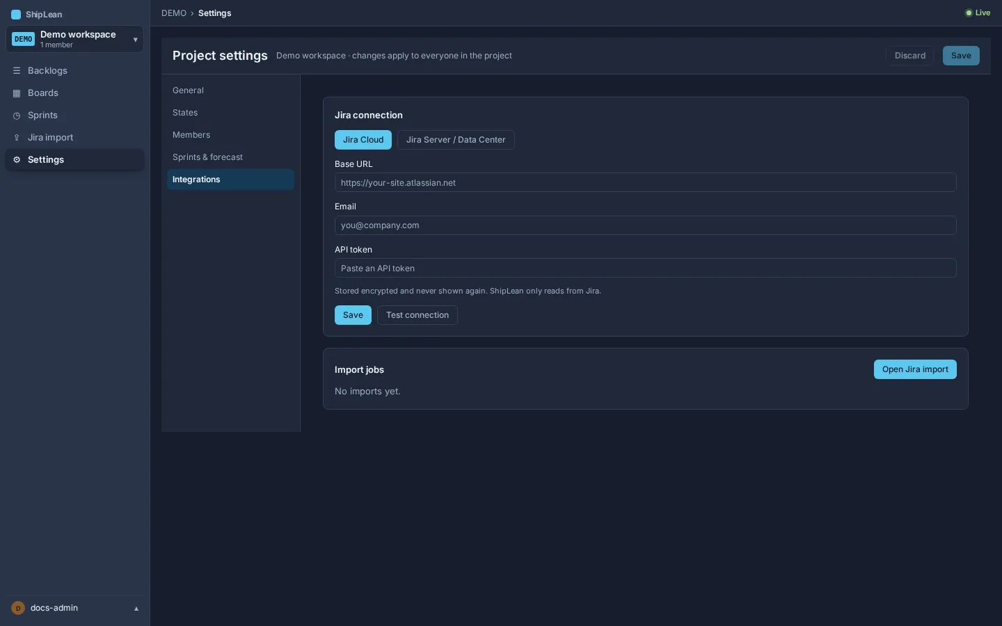 Project integrations with Jira connection and import job list.