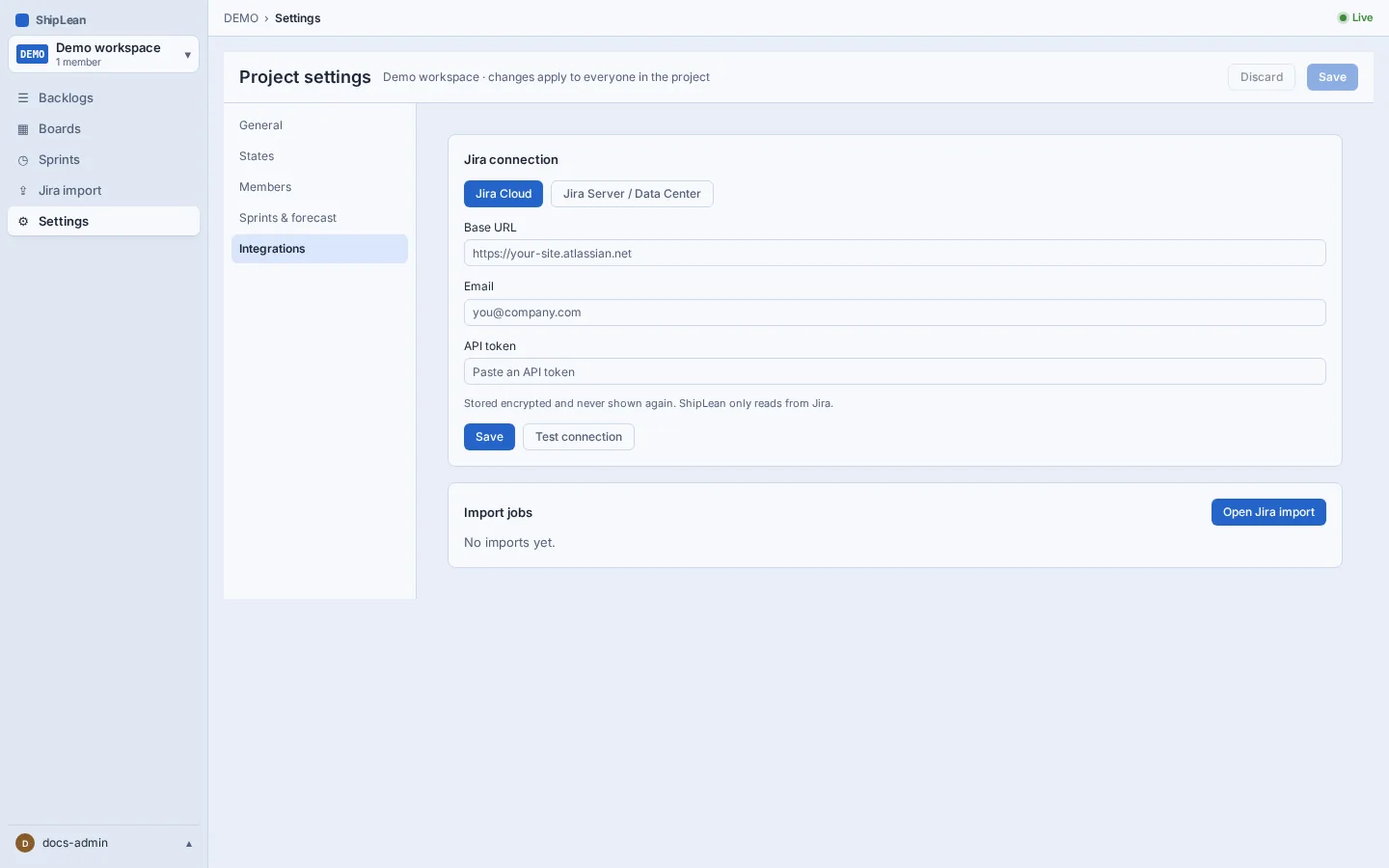 Project integrations with Jira connection and import job list.