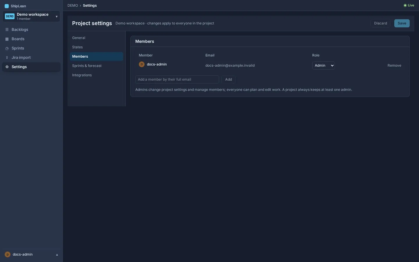 Project members list with roles and member controls.