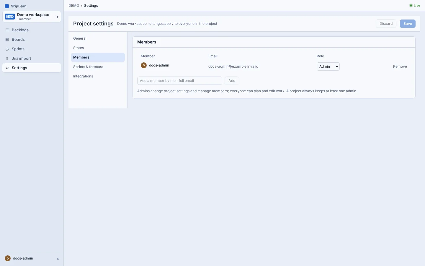 Project members list with roles and member controls.