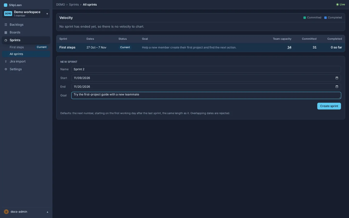 New sprint form with name, dates, and optional goal.