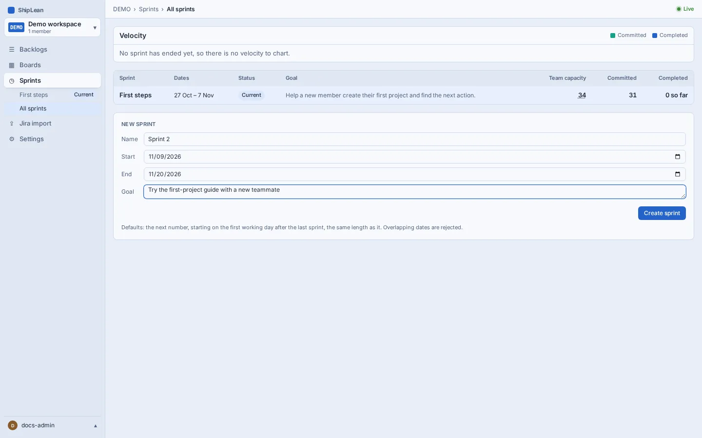 New sprint form with name, dates, and optional goal.