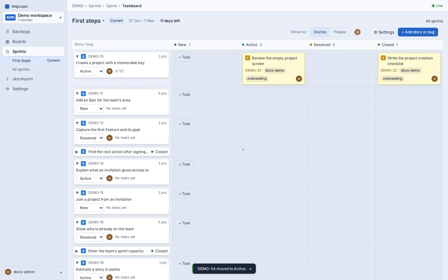 A task card focused on the Taskboard, ready to move by keyboard.