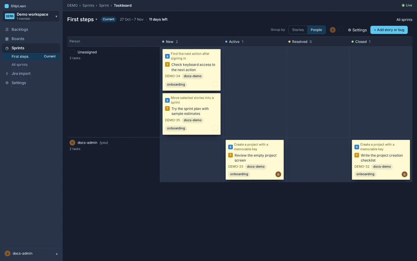 The sprint Taskboard grouped into rows for assignees and Unassigned.