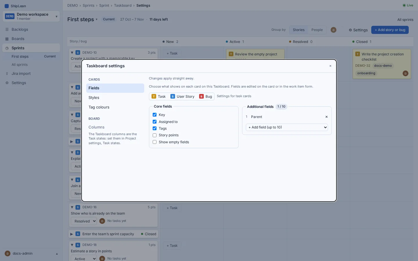 Taskboard settings with task card fields and a preview.